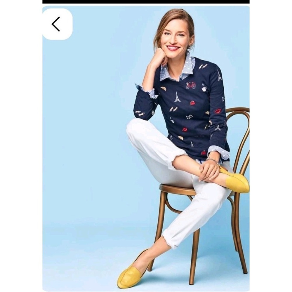 Talbots Womens Navy Blue Paris Embroidered Crewneck Sweater Eiffel Tower Size M
